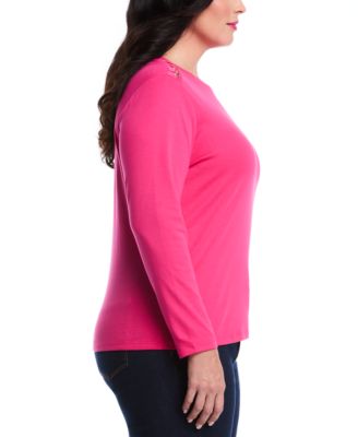 Plus Size Laced Crew Neck Long Sleeve Top