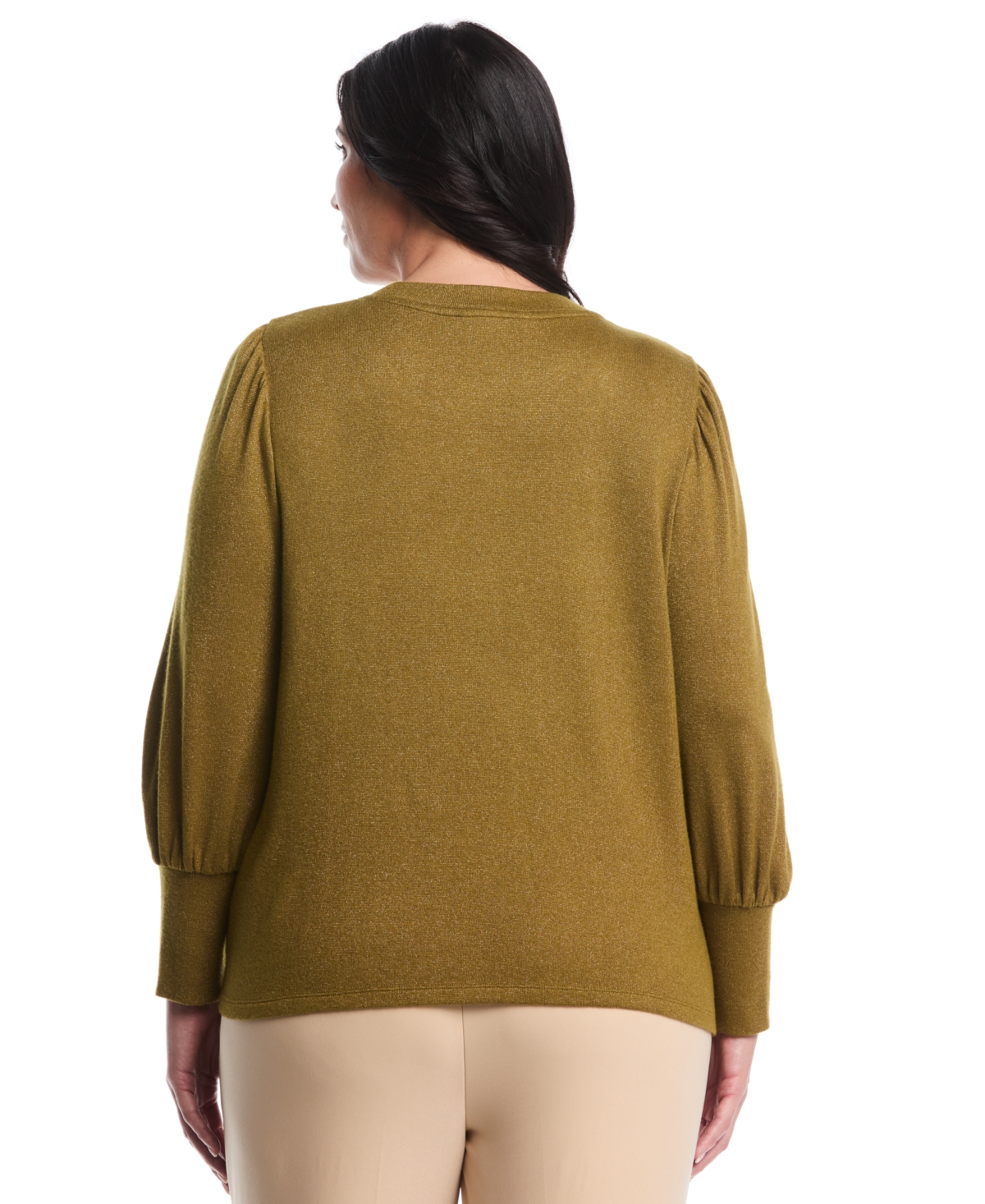 Rafaella Plus Size Metallic Puff Long Sleeve Crew Neck Top In Green