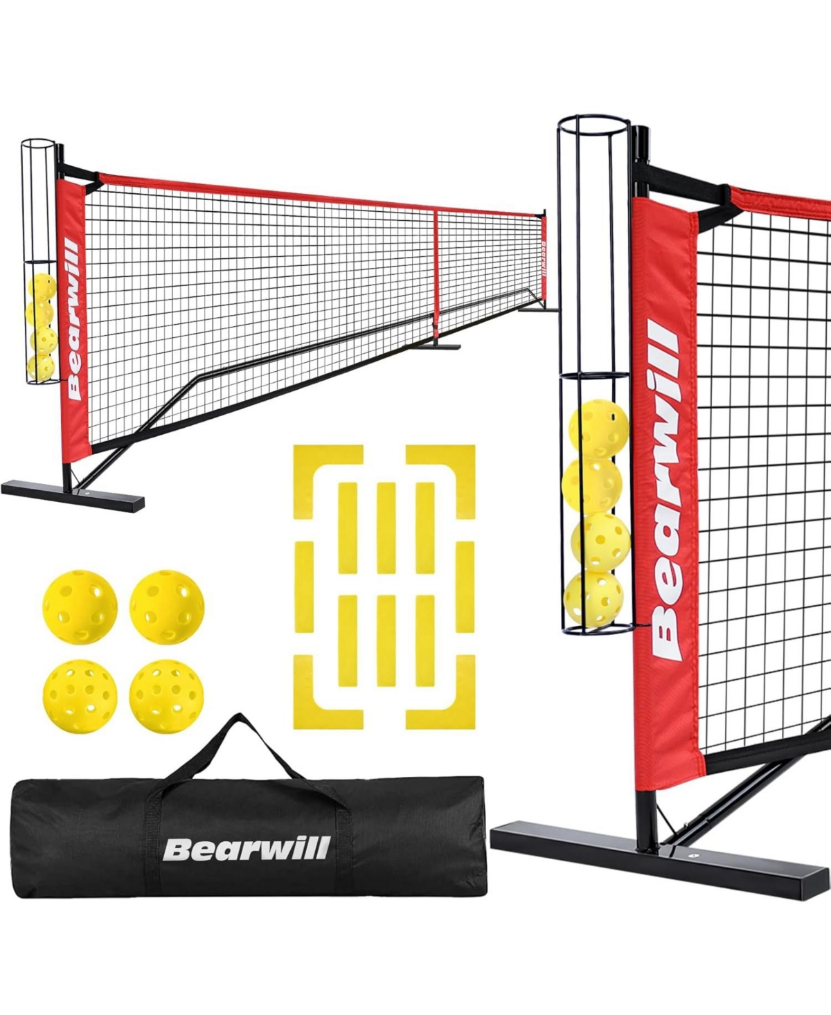 Bearwill Regulation 22FT Pickleball Net Set, Portable Outdoor Net System with Metal Frame & Court Lines - Includes 4 Balls, Holder, Carry Bag