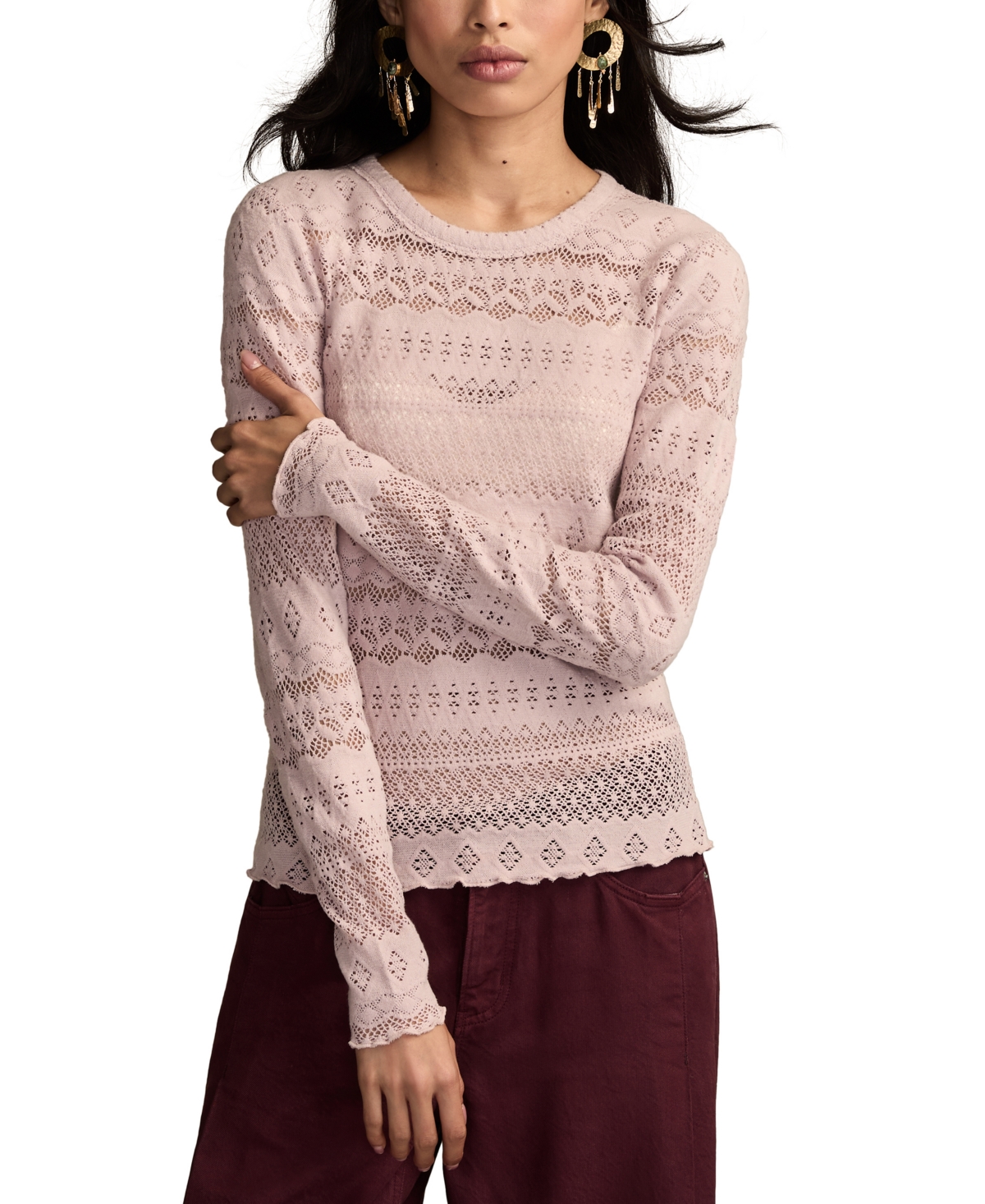 Lucky Brand Women's Lace Detail Long Sleeve Top In Pink