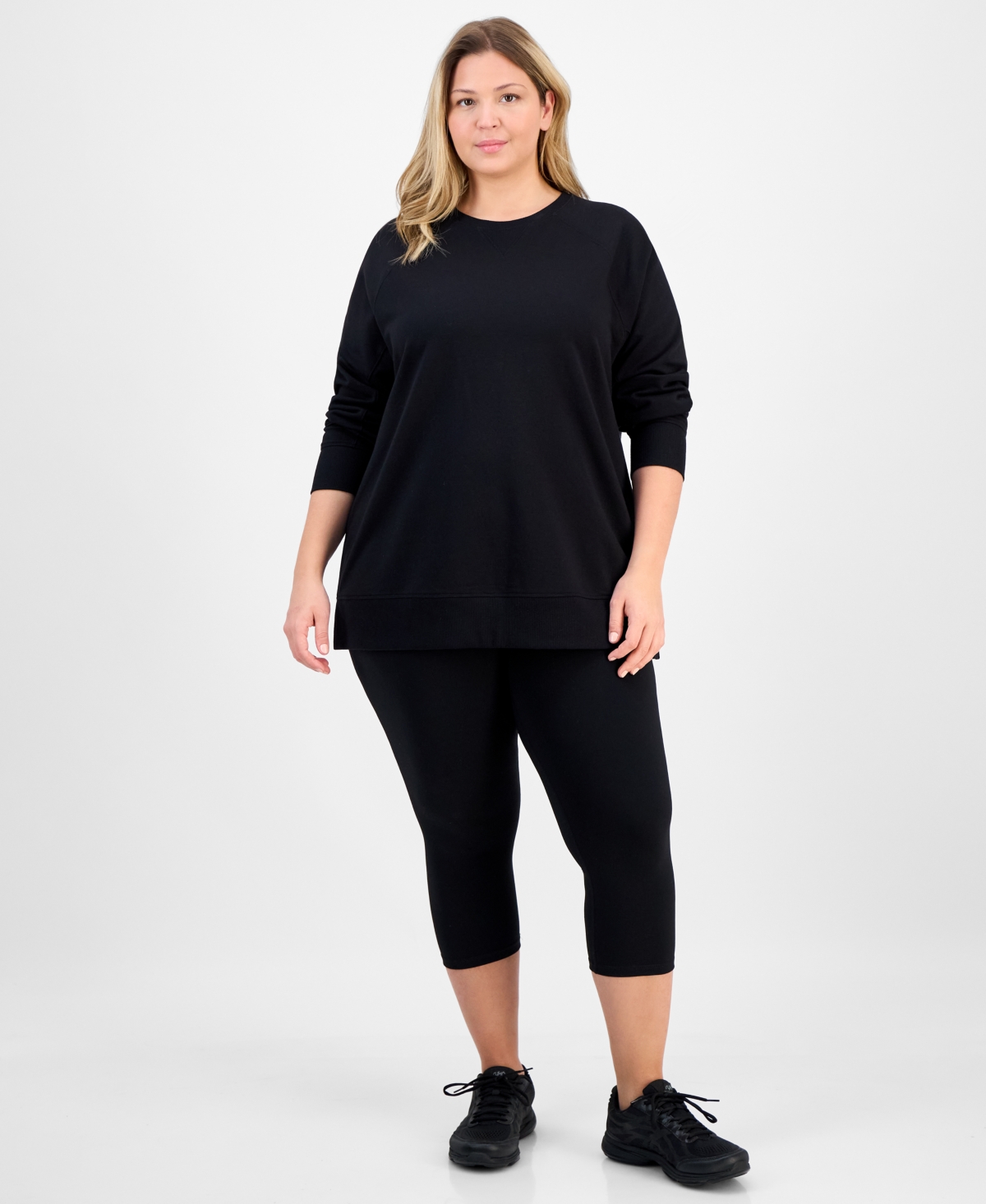 Id Ideology Plus Size Crewneck Raglan-sleeve Tunic Top, Macy's Exclusive In Black
