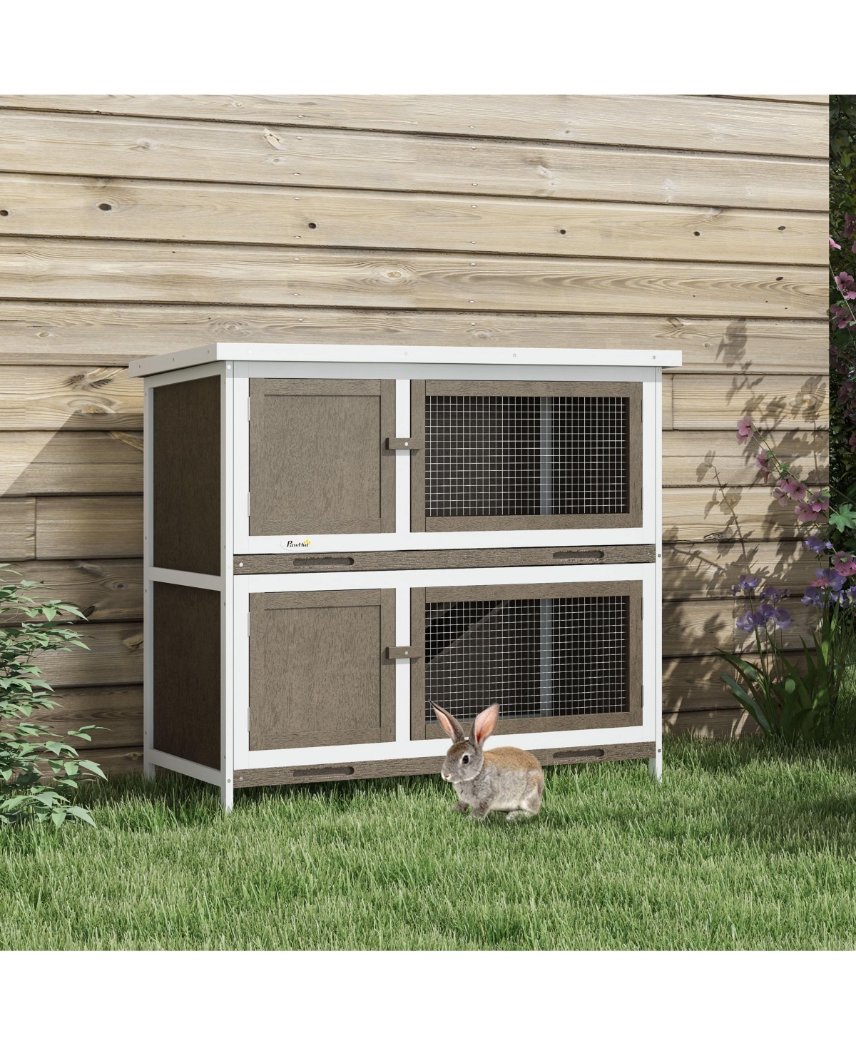 PawHut Wooden Bunny Hutch with Ramp, Indoor/Outdoor,