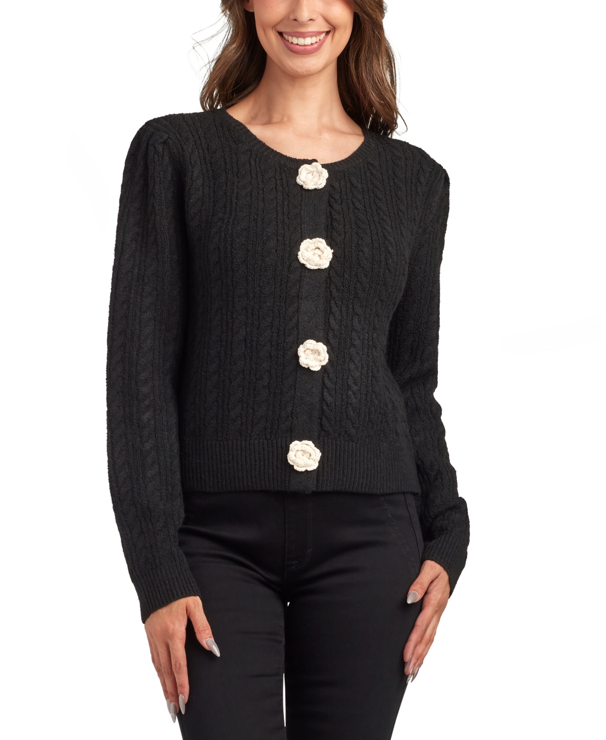 Bcx Juniors' Crewneck Long Sleeve Cardigan Sweater In Black