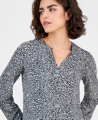 Women's Printed Split-Neck Long-Sleeve Top