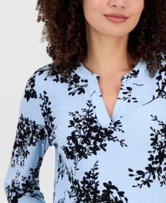 Women's Floral-Print Split-Neck Long-Sleeve Top