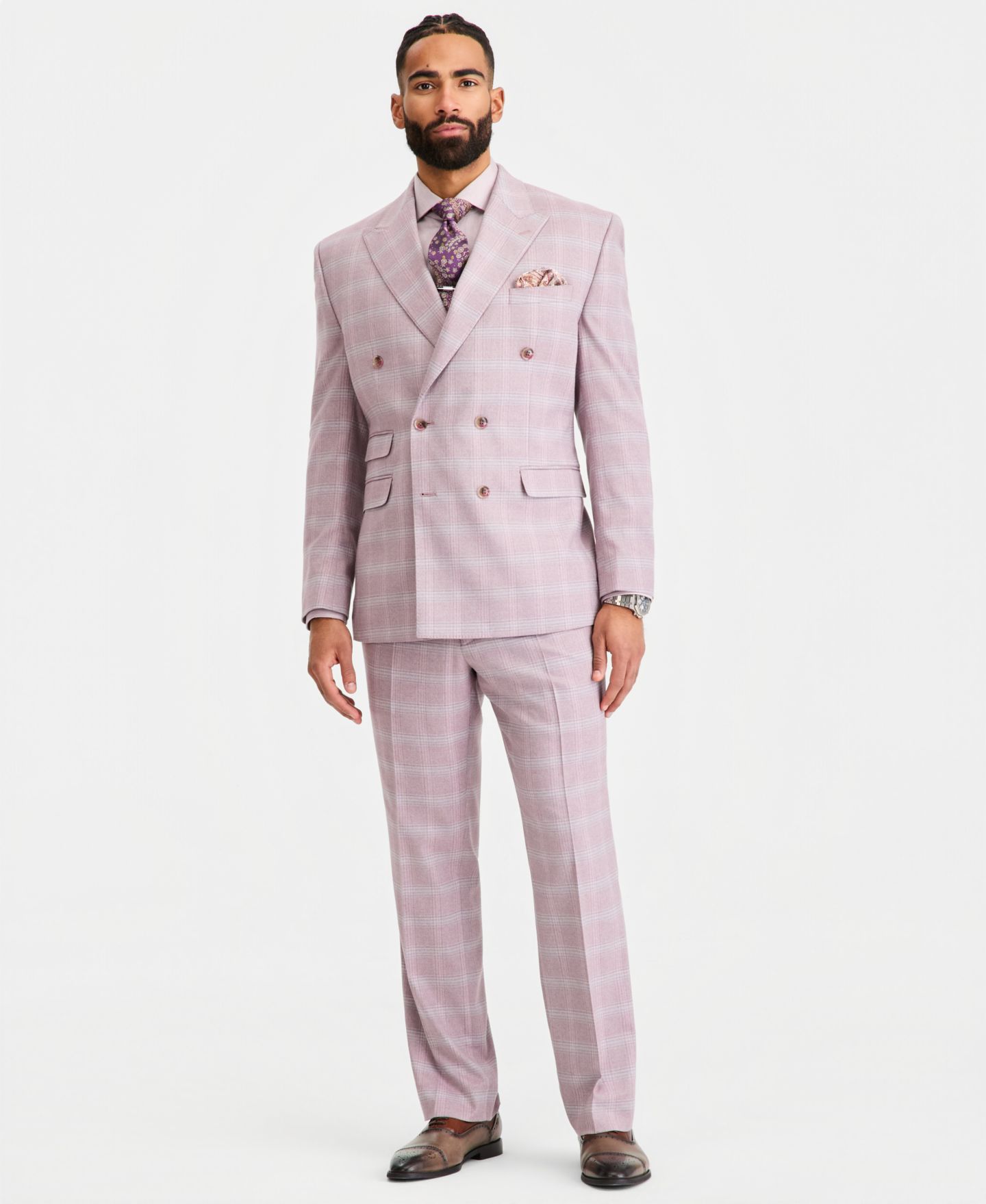 Мужские куртки Tayion Collection Classic-Fit Double-Breasted Windowpane Suit Separates, цвет: Пыльный розовый — фото 2