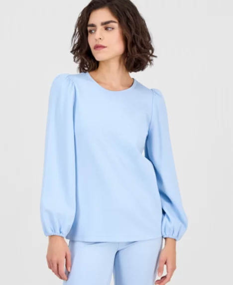 AK Anne Klein Petite Serenity Knit Long-Sleeve Top - Opal Blue