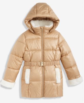 Michael Kors - Girls 7-16 Belted Stadium Puffer Jacket With Faux-Fur Trim