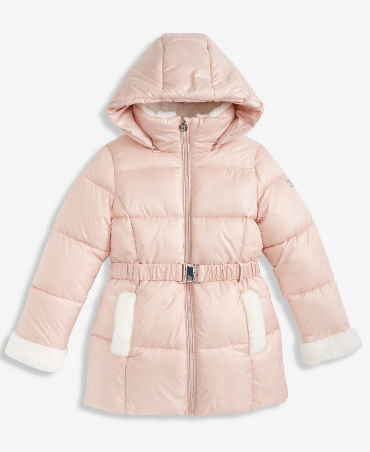 Michael Kors Girls 7-16 Belted Stadium Puffer Jacket With Faux-fur Trim In Pink