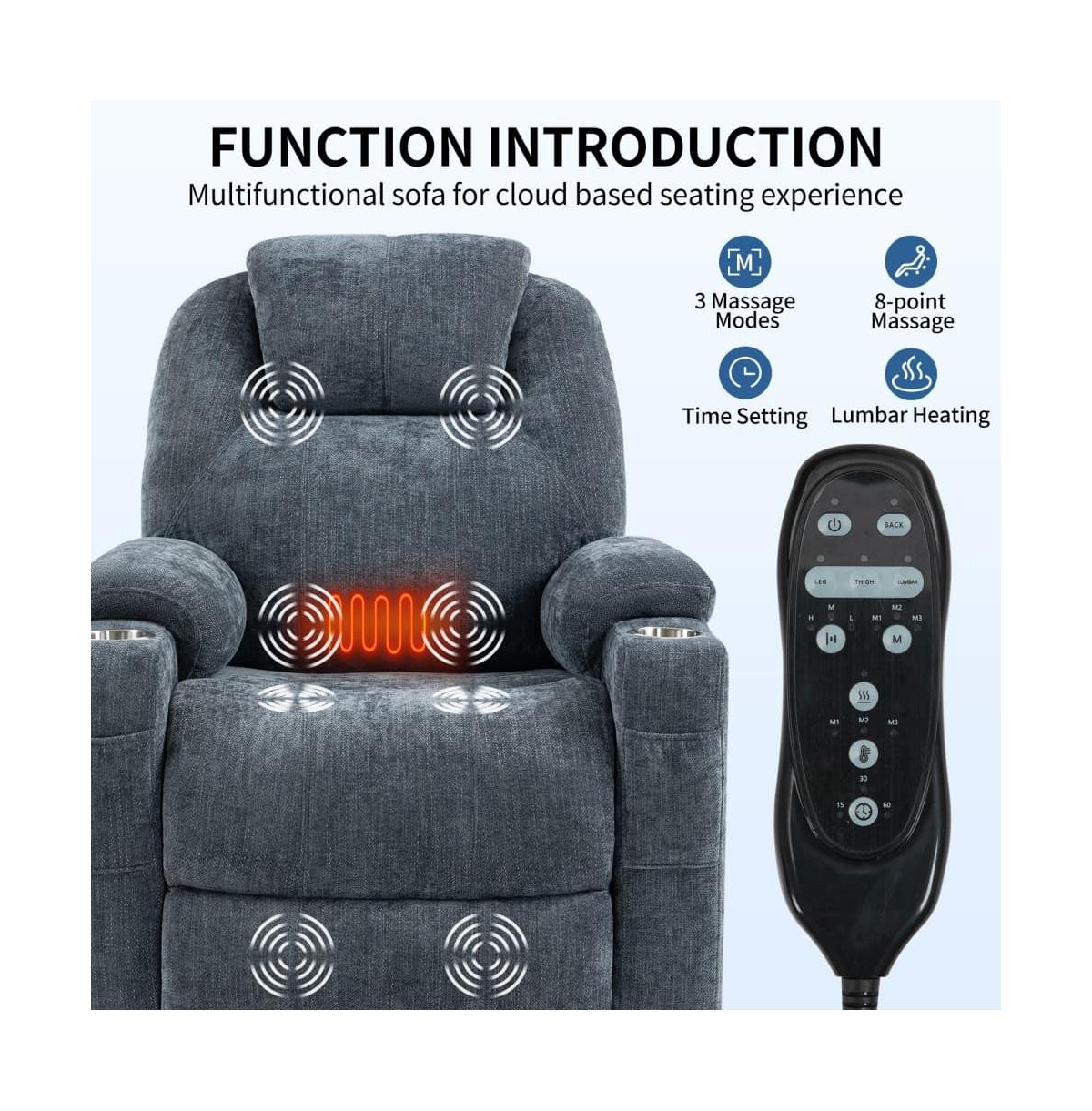 Lift Recliner Chair with Massage, Heat & Usb Charging, Chenille Upholstery, Cup Holders, 350 Lbs Support-Maison Boucle