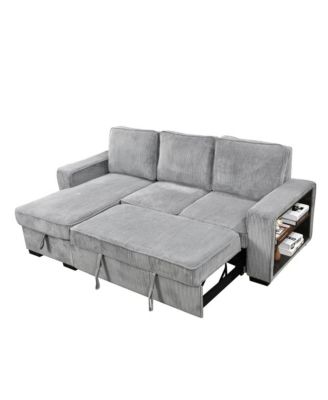 Modern Pull-Out Sofa Bed with Storage Chaise, USB Charging & Bookshelf Arm, Sleeper Sectional Couch for Small Spaces