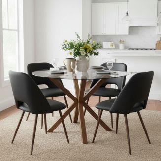 Maison Boucle 5 Pc Glass & PU Leather Dining Set Round Table 4 Chairs ...