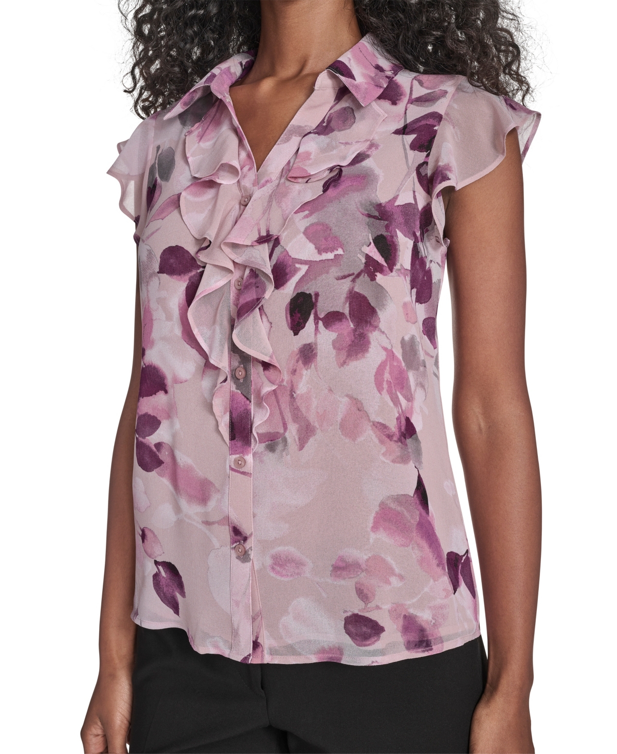 Calvin Klein Petite Printed Short Sleeve Ruffle Front Blouse In Purple