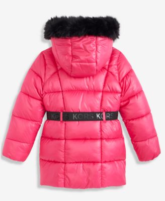 Girls 7-16 Active Belted Stadium Puffer Coat With Faux-Fur Trim