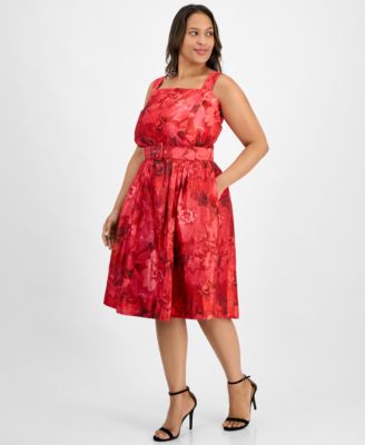 Plus Size Jacquard Belted Fit & Flare Dress