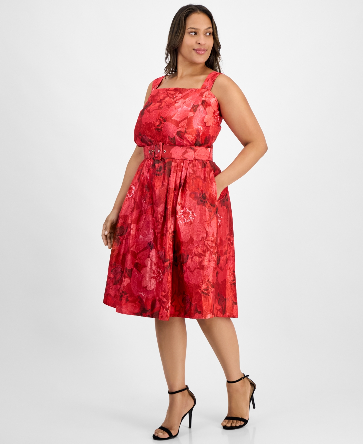 Tahari Asl Plus Size Jacquard Belted Fit & Flare Dress