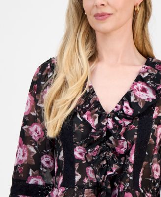 Petite Printed Long-Sleeve Ruffle Top, Macy's Exclusive  