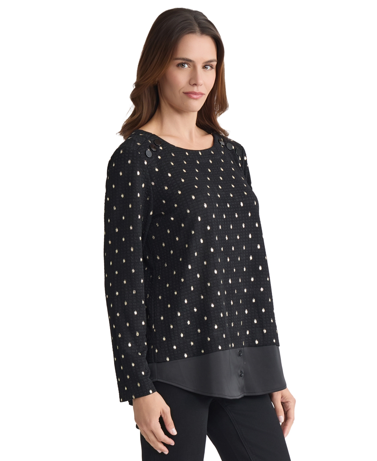 Jones New York Petite Long Sleeve Top In Black