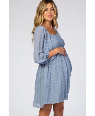Maternity Pink Textured Dot Smocked Square Neck Chiffon Dress