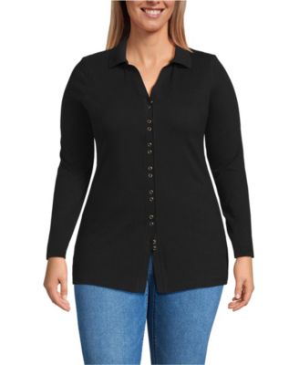 Plus Size Long Sleeve Polished Rib Button Through Tunic Shirt