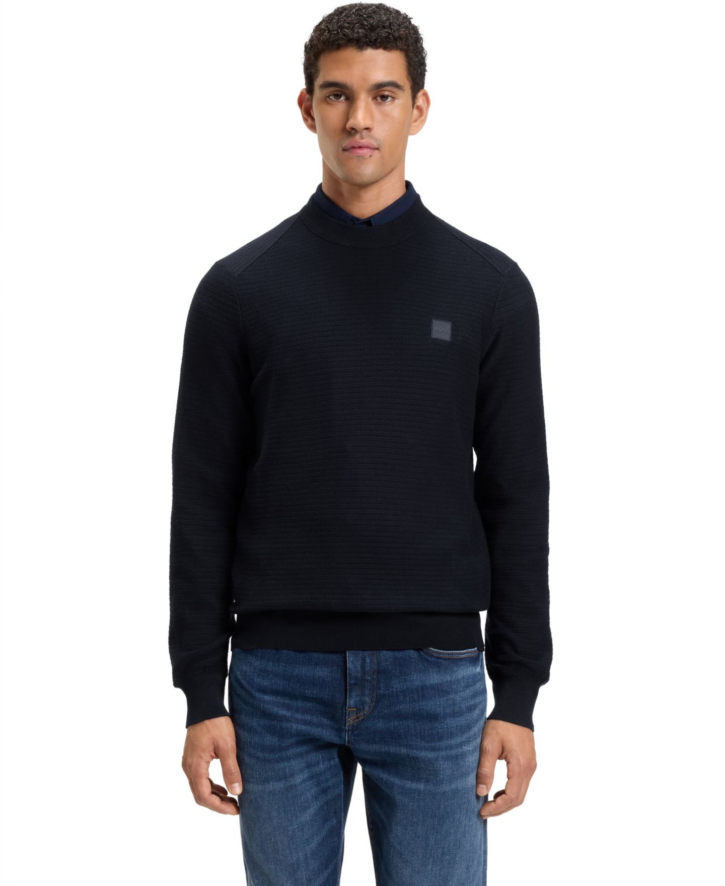 Мужской свитер Hugo Boss Cashmere Cotton Logo Patch Structured, цвет: Тёмный синий — фото 1