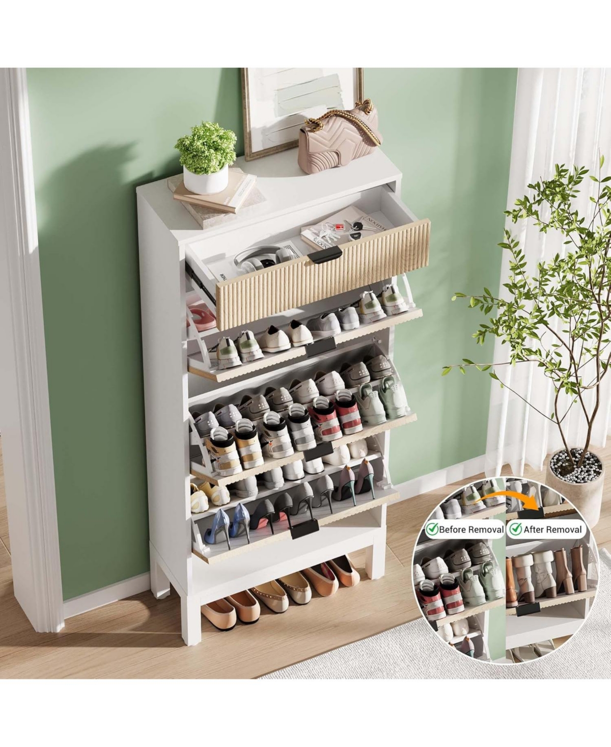 gaomon Shoe Storage Cabinet with 3 Flip Drawers and 1 Drawer, Entryway Shoe Organizer with Adjustable Shelves and Metal Legs, Space-Saving Narrow Rack