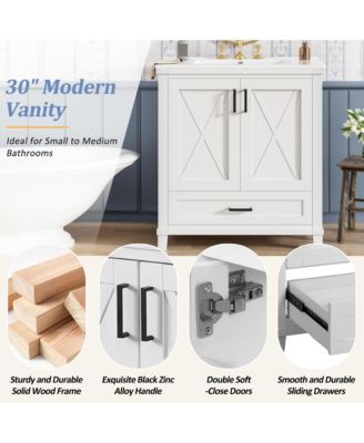 30" Bathroom Vanity with Sink, Solid Wood Frame and MDF, 2 Soft-Close Doors, Drawer and Storage Shelves