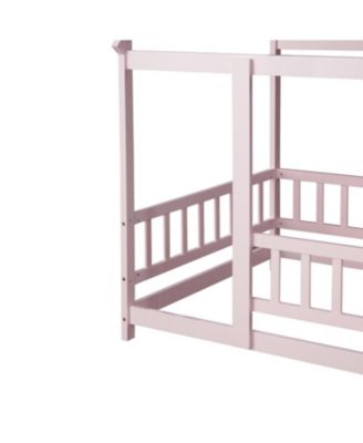 Twin Size House Floor Wooden Bed with Roof Frame Safety Guardrails Pink