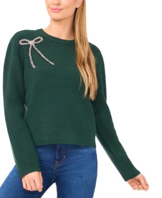 Women's Oversized Crewneck Bow Appliqu&eacute; Long-Sleeve Sweater