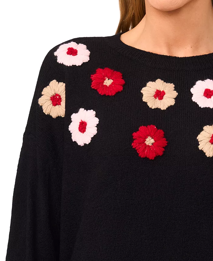 Women's Multicolor Embroidered Flower Long Sleeves Sweater - thumbnail 2