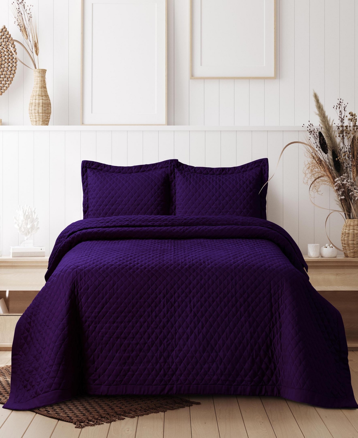 Tribeca Living Brisbane Microfiber Solid Oversized Quilt Set, Queen In Purple