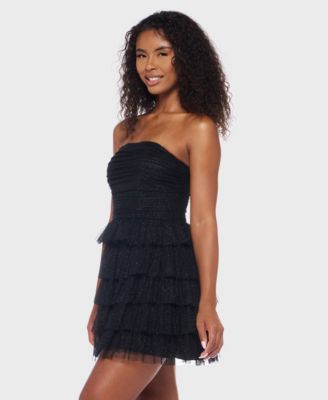 Juniors' Strapless Side-Shirred Tiered Glitter Mini Dress