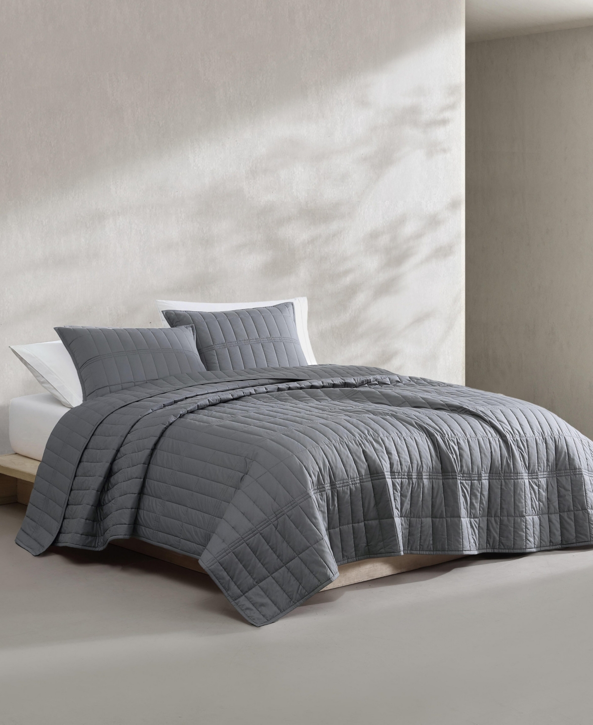 Calvin Klein Washed Percale Solid Cotton 3-pc. Quilt Set, Queen In Gray