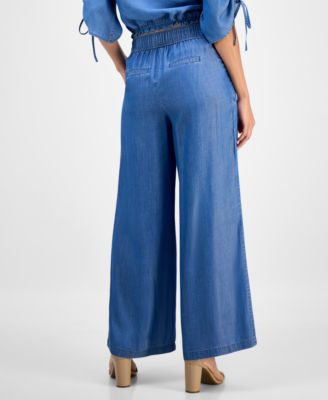 Petite High Rise Wide-Leg Chambray Pants, Macy's Exclusive 