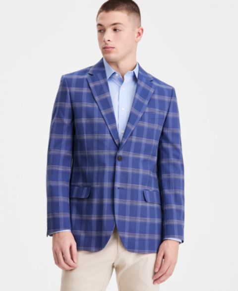 Мужской пиджак Nautica Cotton & Linen Printed Modern-Fit Sport Coat, цвет: Синий клетчатый