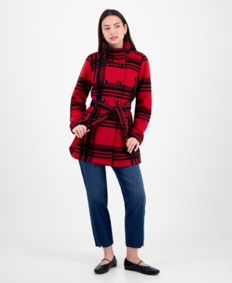 Juniors' Plaid Micro-Fleece Belted Jacket