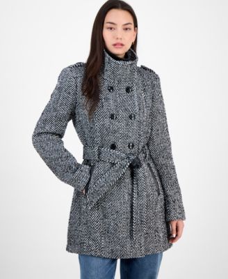 Juniors' Plaid Funnel-Neck Trench Coat