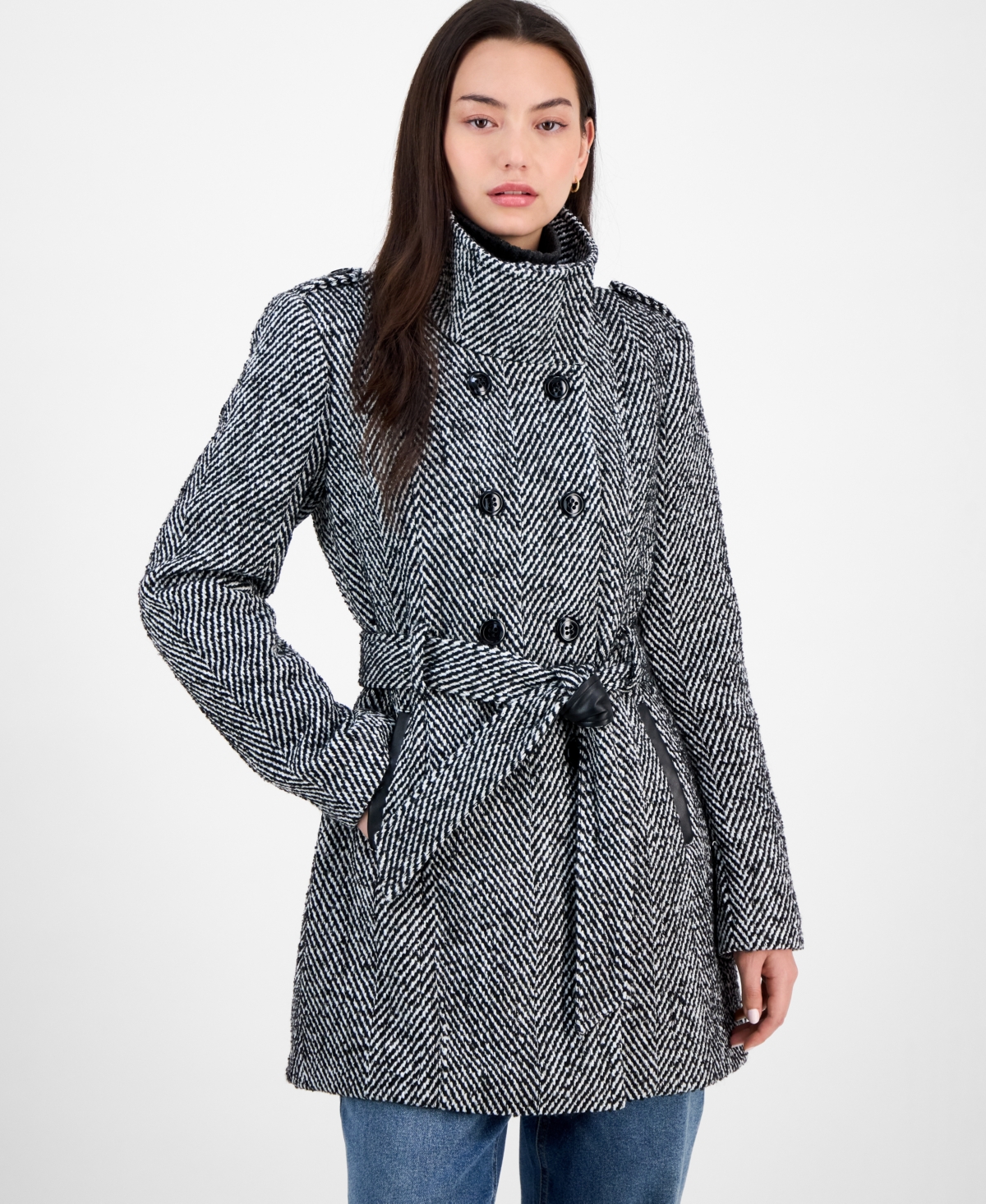 Bcx Juniors' Plaid Funnel-neck Trench Coat In Gray