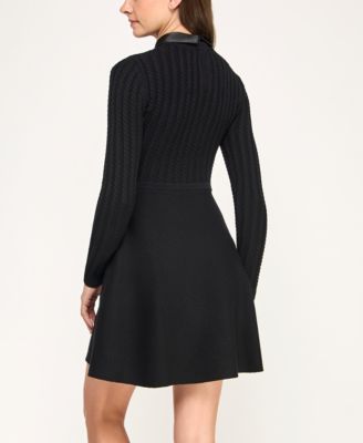 Juniors Removable Satin Bow Collar Cable Fit & Flare Sweater Dress