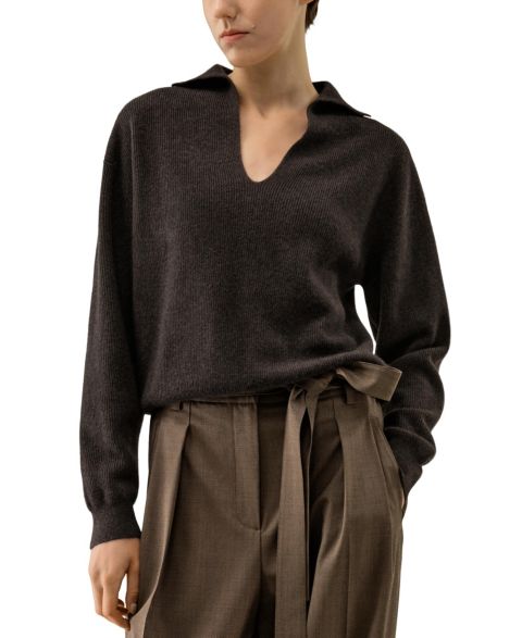 Женский свитер LILYSILK Ribbed Cashmere Polo Sweater, цвет: Глубокий дубовый