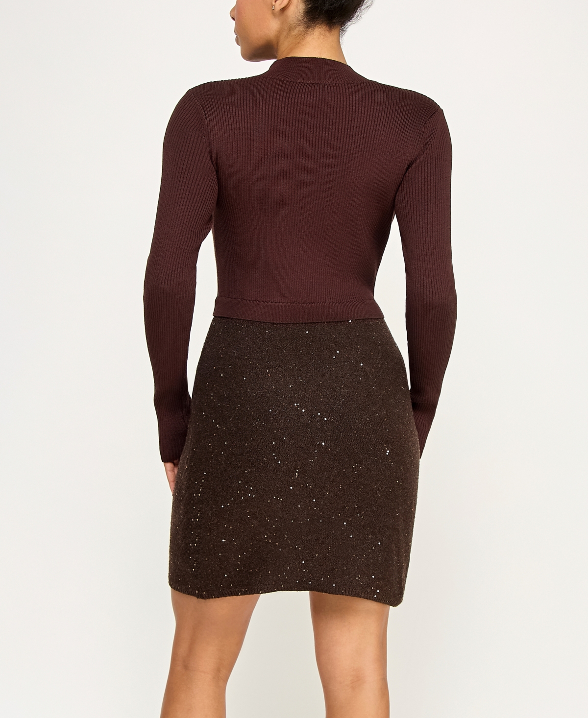 Invitee Juniors' Long-sleeve Sequin-skirt Sweater Dress In Brown