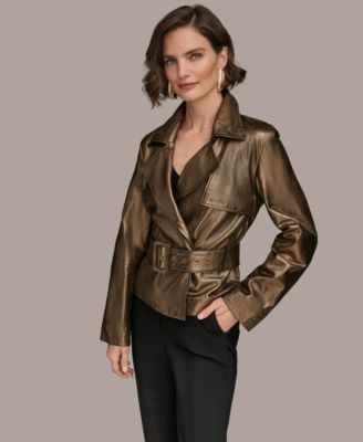 Women's Front Zip Metallic Leather Jacket