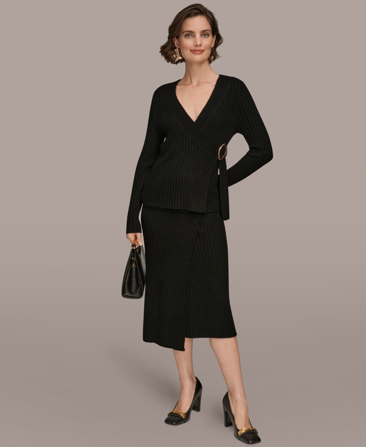 Donna Karan New York Women's Ribbed V-Neck Long Sleeve Sweater