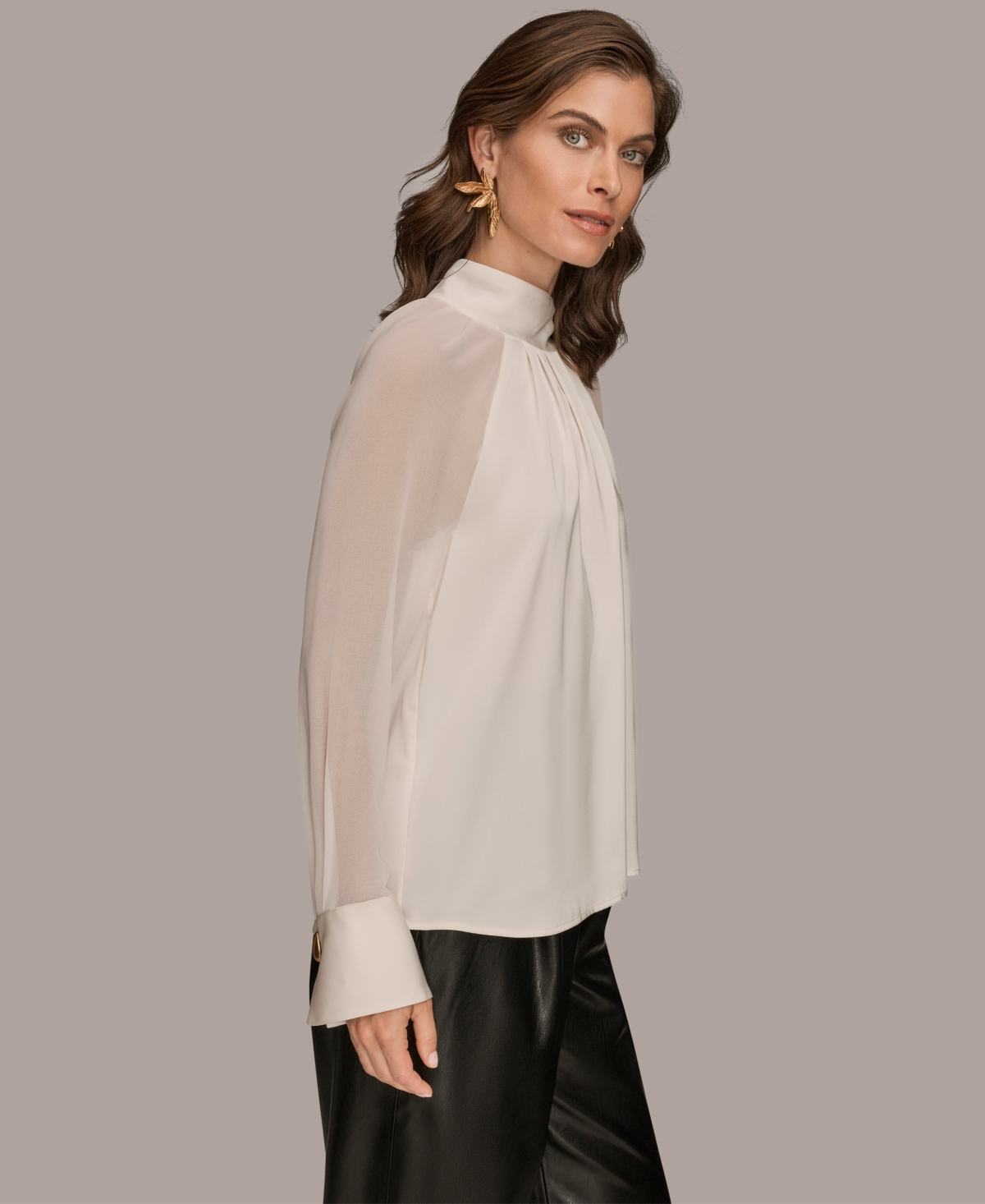 Donna Karan New York Pleated Sheer Sleeve Top In White
