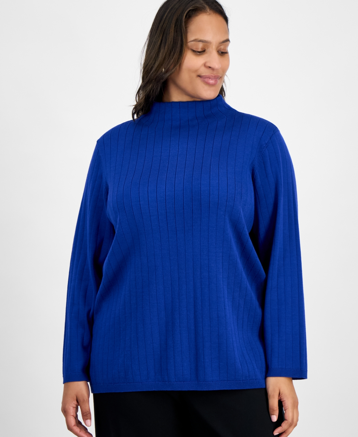 Jones New York Plus Size Wide Rib Funnel-neck Sweater In Blue