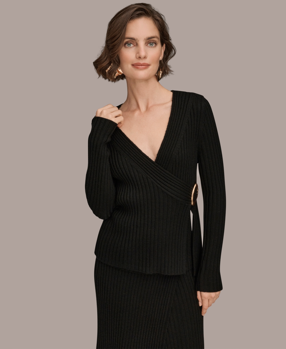 Donna Karan Women's Ribbed V-neck Long Sleeve Sweater In Black