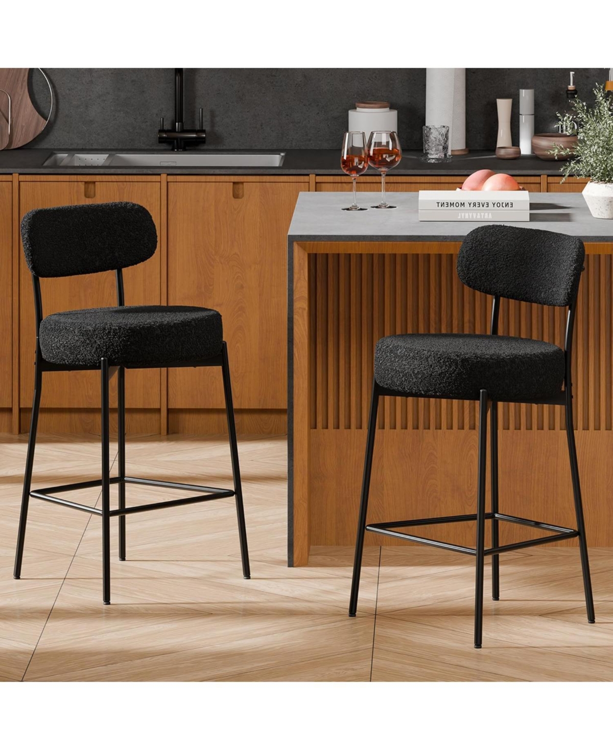 Dyhome Bar Stools Set of 2, 24 Inches Modern Counter Height with Curved Back, Upholstered Boucle Barstools for Kitchen Island, Cafe