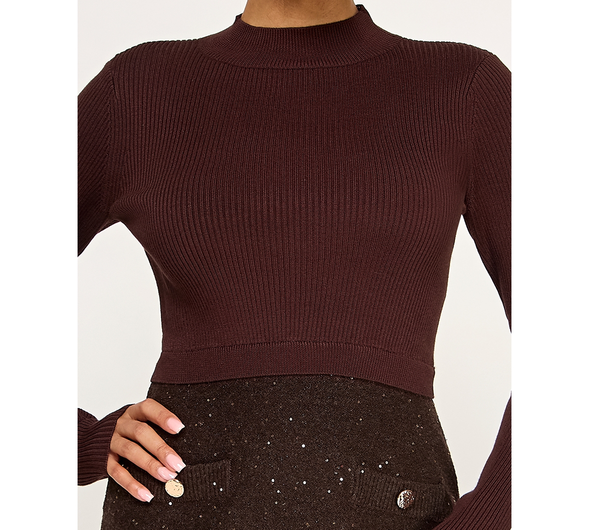 Invitee Juniors' Long-sleeve Sequin-skirt Sweater Dress In Brown