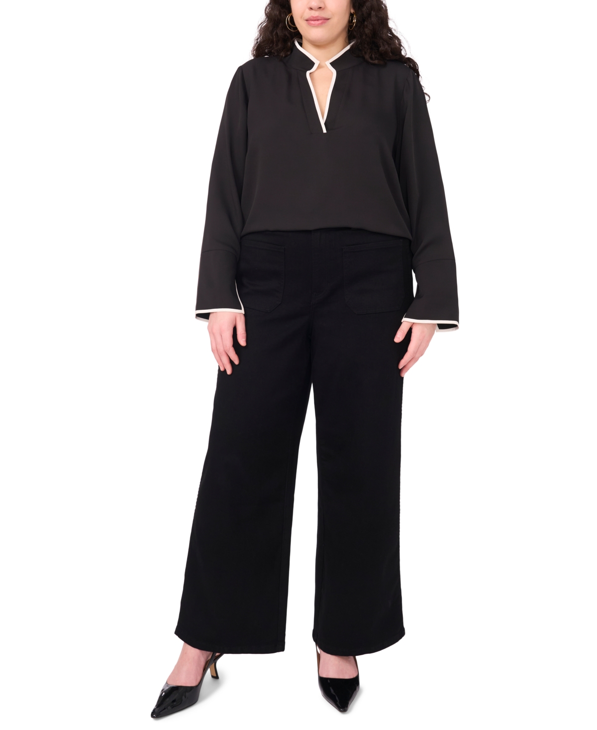 Vince Camuto Women's Split-neck Contrast-trim Tunic Top In Black