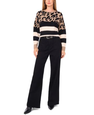 Women's Cozy Crewneck Animal-Print Stripe Long-Sleeve Sweater